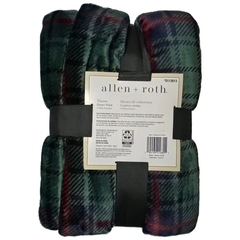 Allen Roth Green Plaid Throw Blanket 50 x 60 Sherpa Trim Cozy Warm (AA)‎